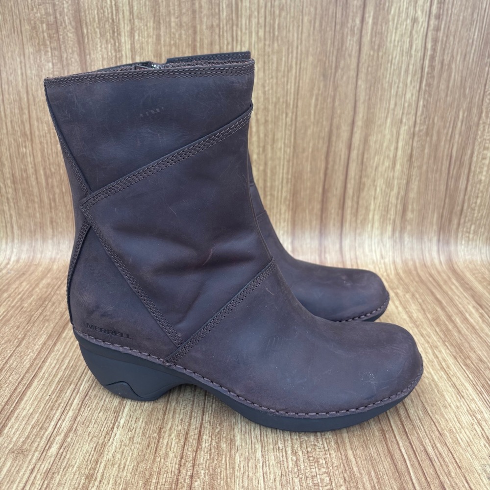 Merrell Brunette Ankle Boots Womens 6.5 Brown Leather Side Zip Wedge J45656